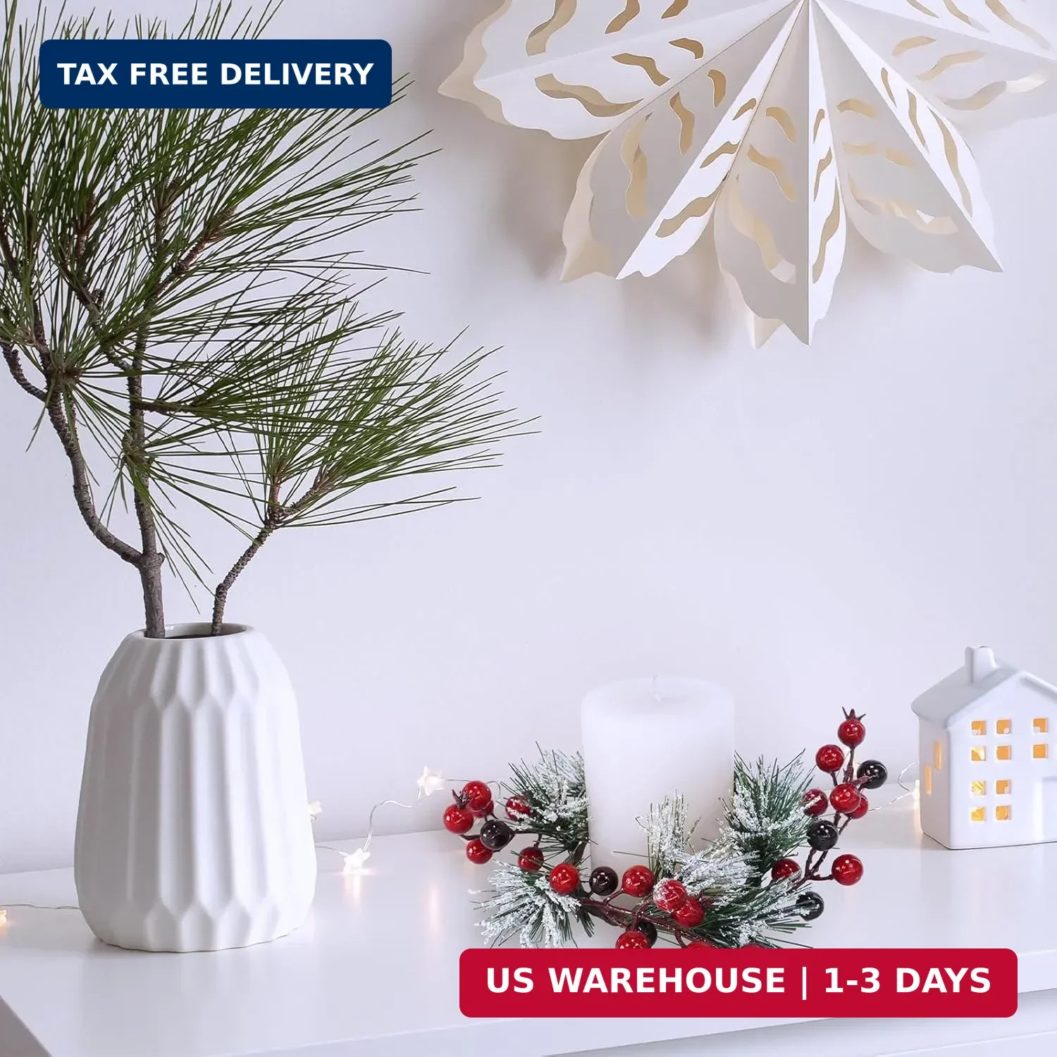 Winlyn 4 Pcs Artificial Pine and Berry Candle Rings Wreaths Snowy Pine Needle Re