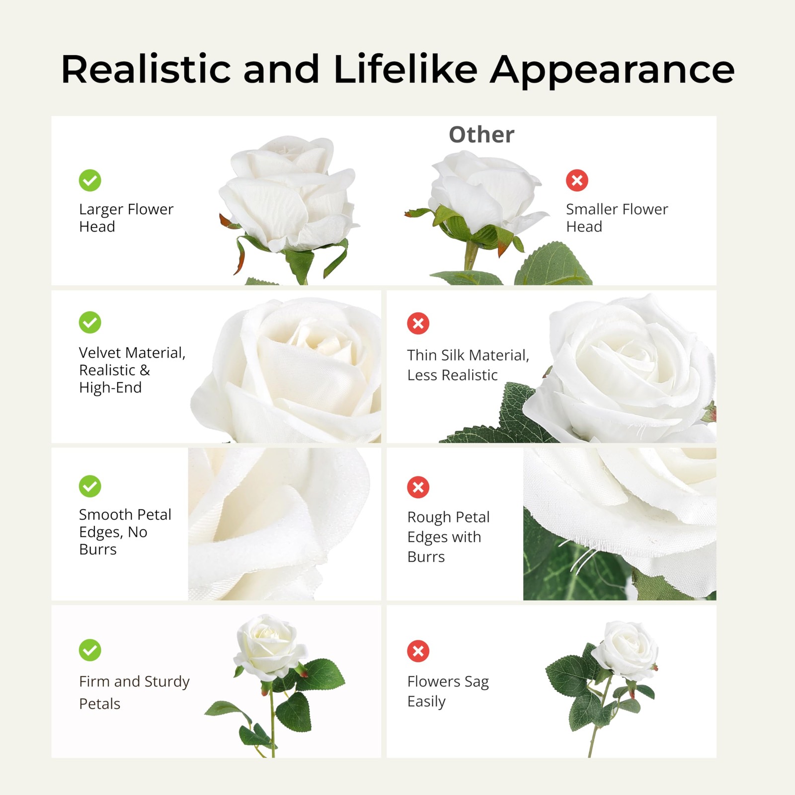 60PCS Artificial Roses Bulk, White Velvet Silk Fake Roses, Realistic White Fl…
