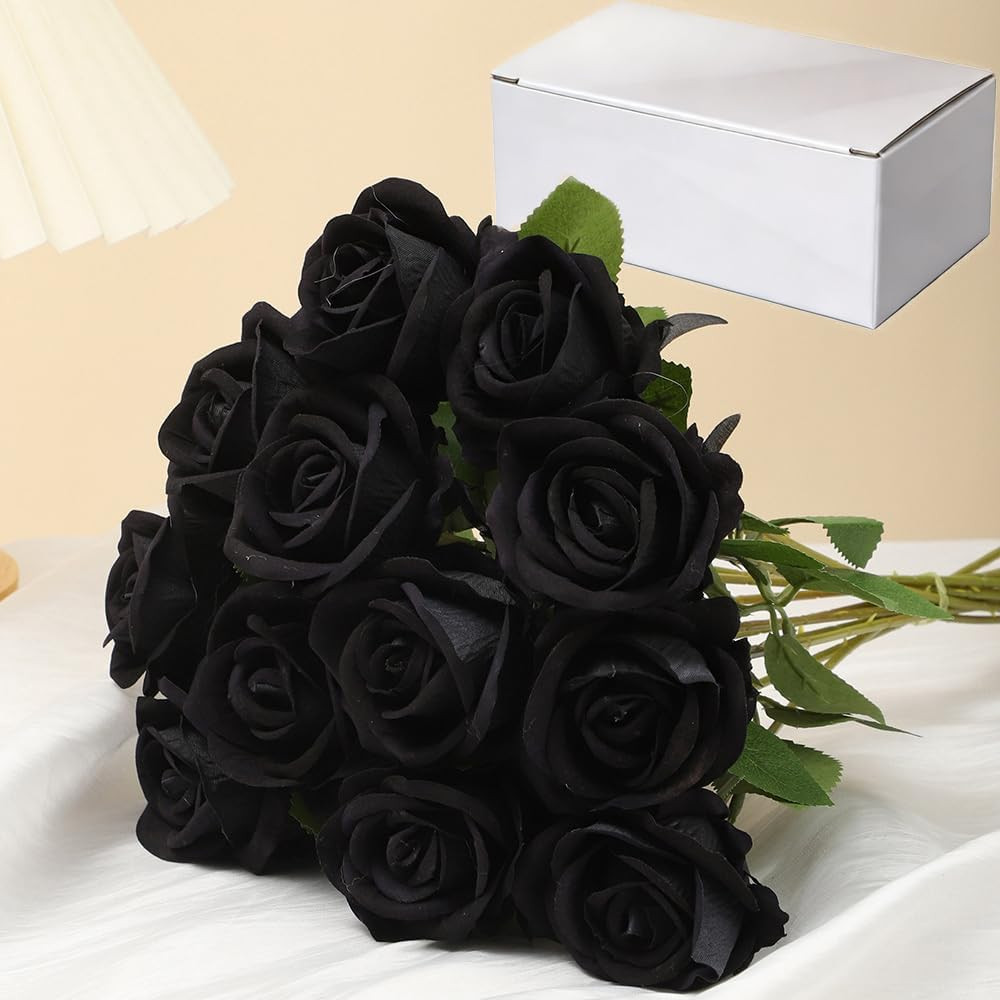 12PCS Artificial Roses Realistic Velvet Silk Flowers Long Stem Faux Flowers Bouq