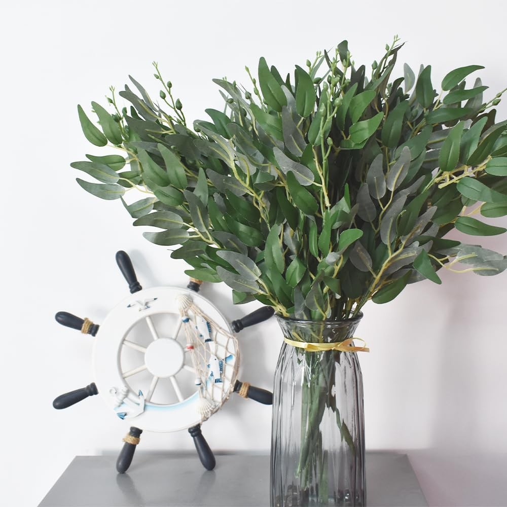 Artificial Italian Ruscus Greenery Stems 4PCS, Faux Green Leaf Willow Leaves …