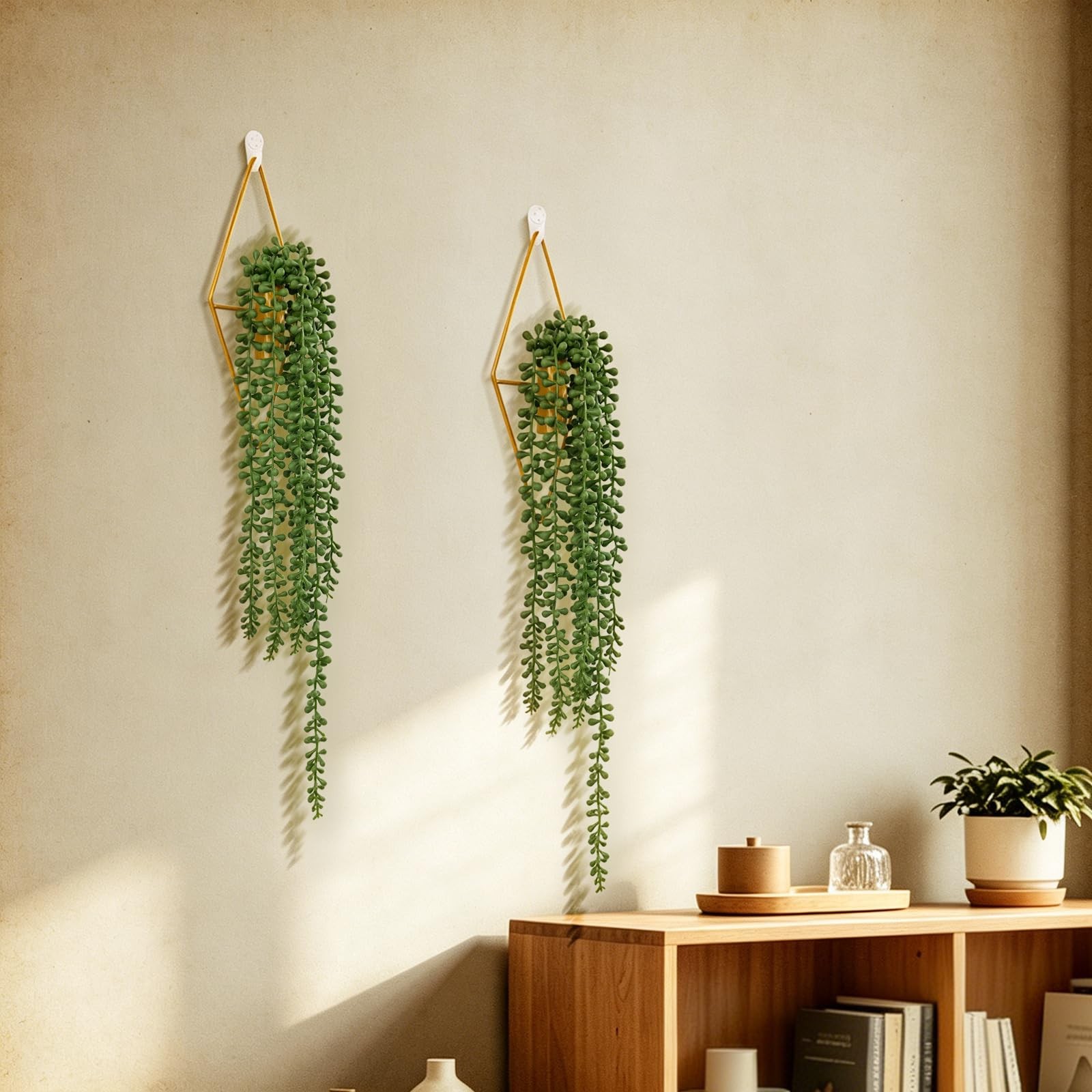 Artificial Hanging Plants with Geometric Metal Wall Planter, Faux String of P…