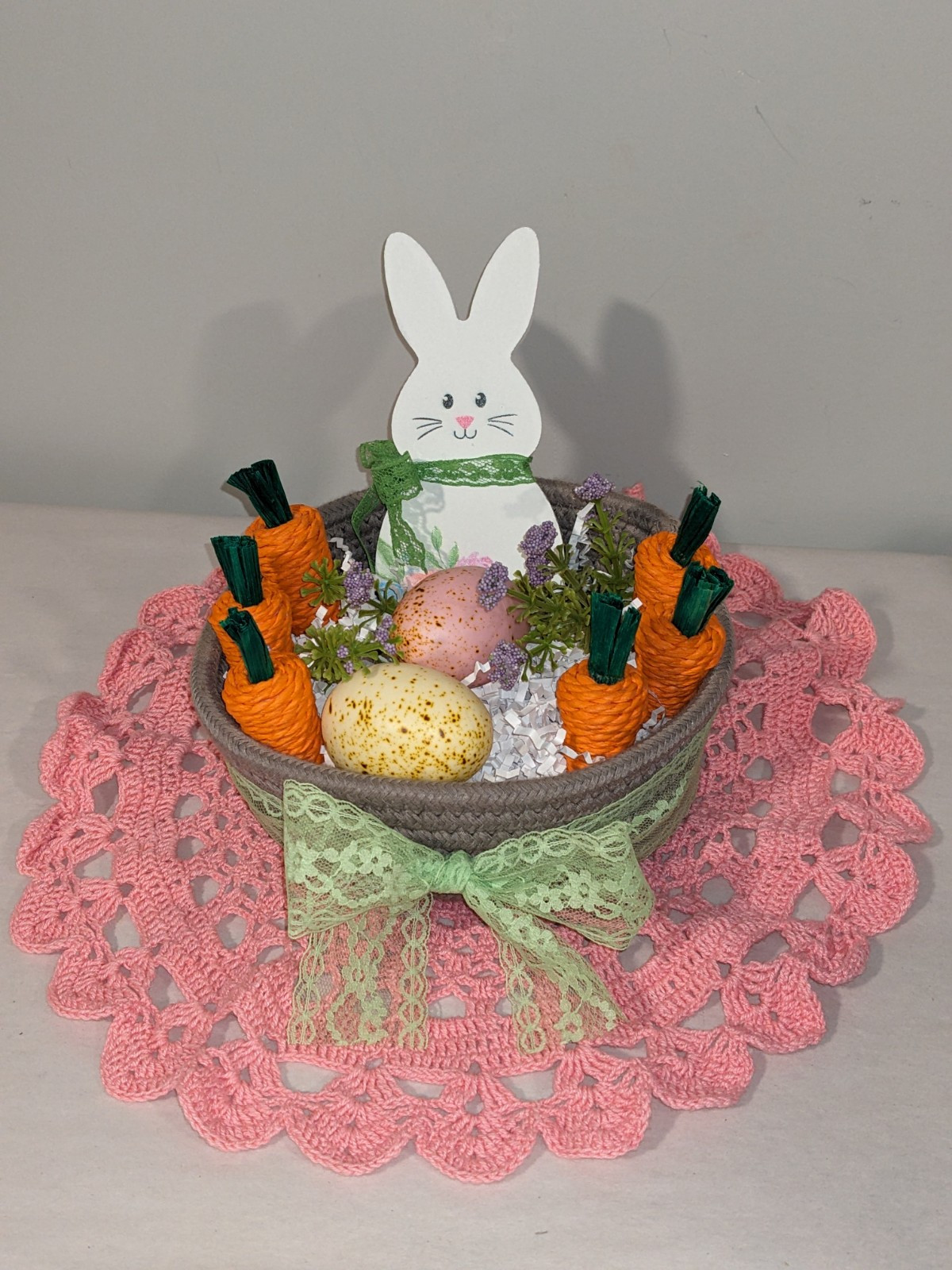 Easter Bunny Eggs Carrots Rope Basket Decor~Floral Arrangement Vingette