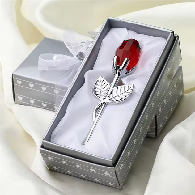 Crystal Glass Red Rose Silver Stem 3.5″ Artificial Flower Valentines Day Wedding