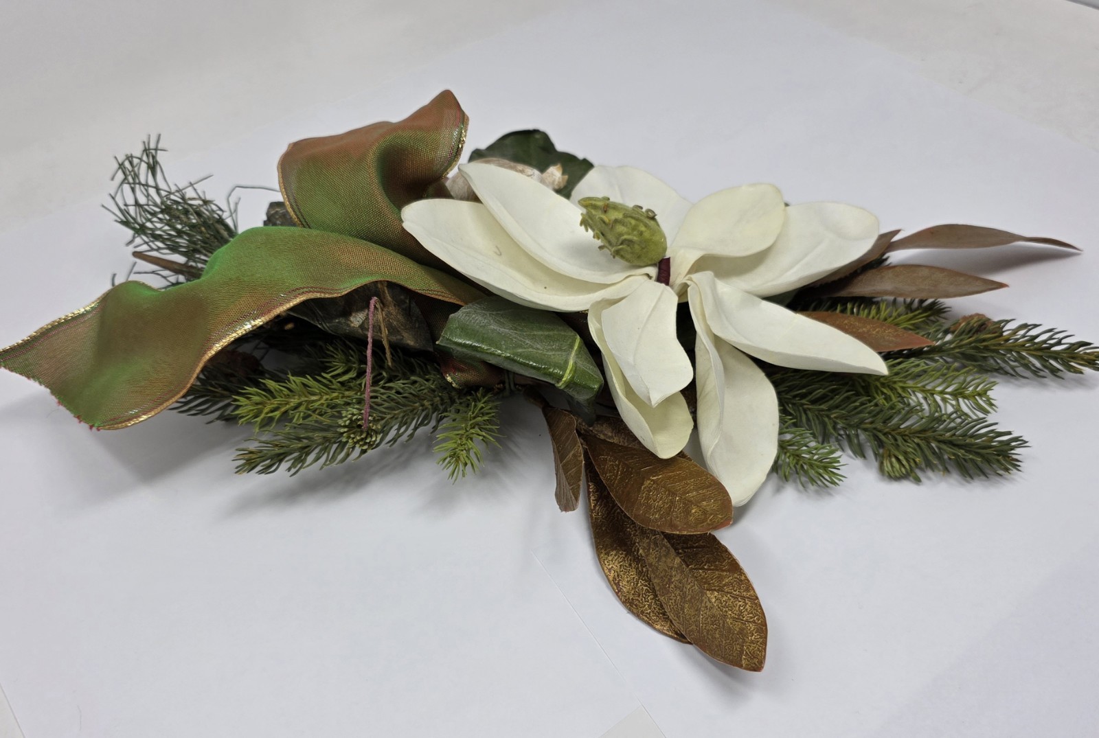 Magnolia Flower Silk Spray With Evergreen, Pinecones Ribbon Vertical Hanging