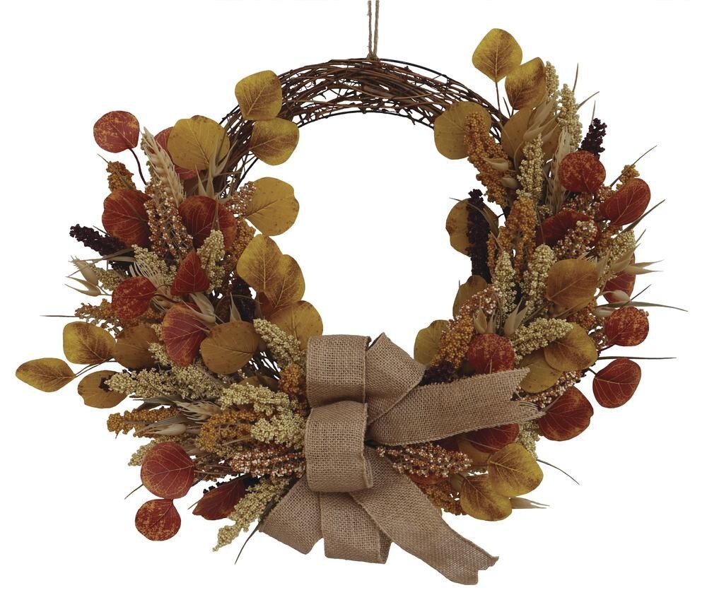 24″ Wheat & Autumn Leaves Twine Bow Fall Unlit Wreath Front Door Holiday Decor