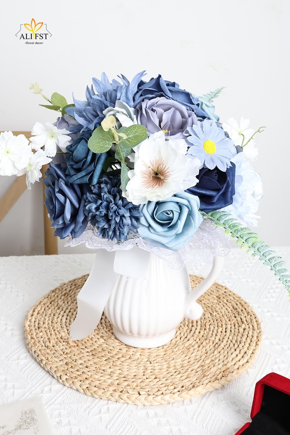Artificial Flowers Combo Box Set Dusty Blue Silk Cake Bridal Bouquet