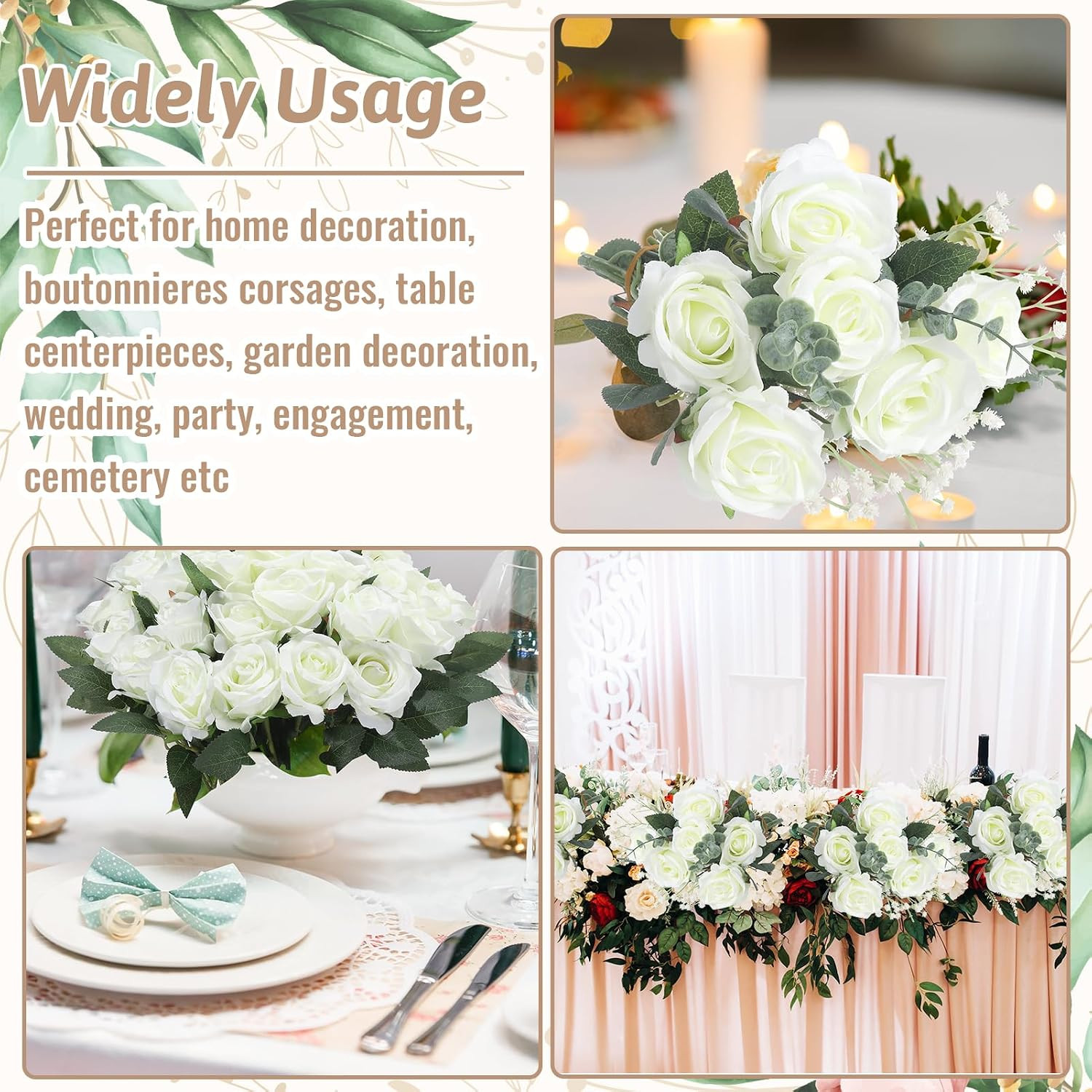 36 Pcs Silk White Rose Bouquet – Realistic Artificial Flowers for Weddings & Dec