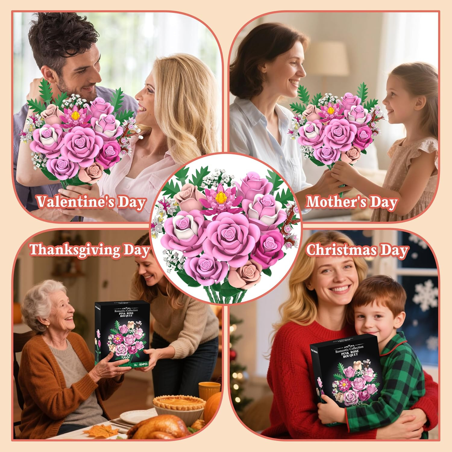 Pink Rose Bouquet Flowers Building Set, 834Pcs Roses Artificial Flowers Botanica