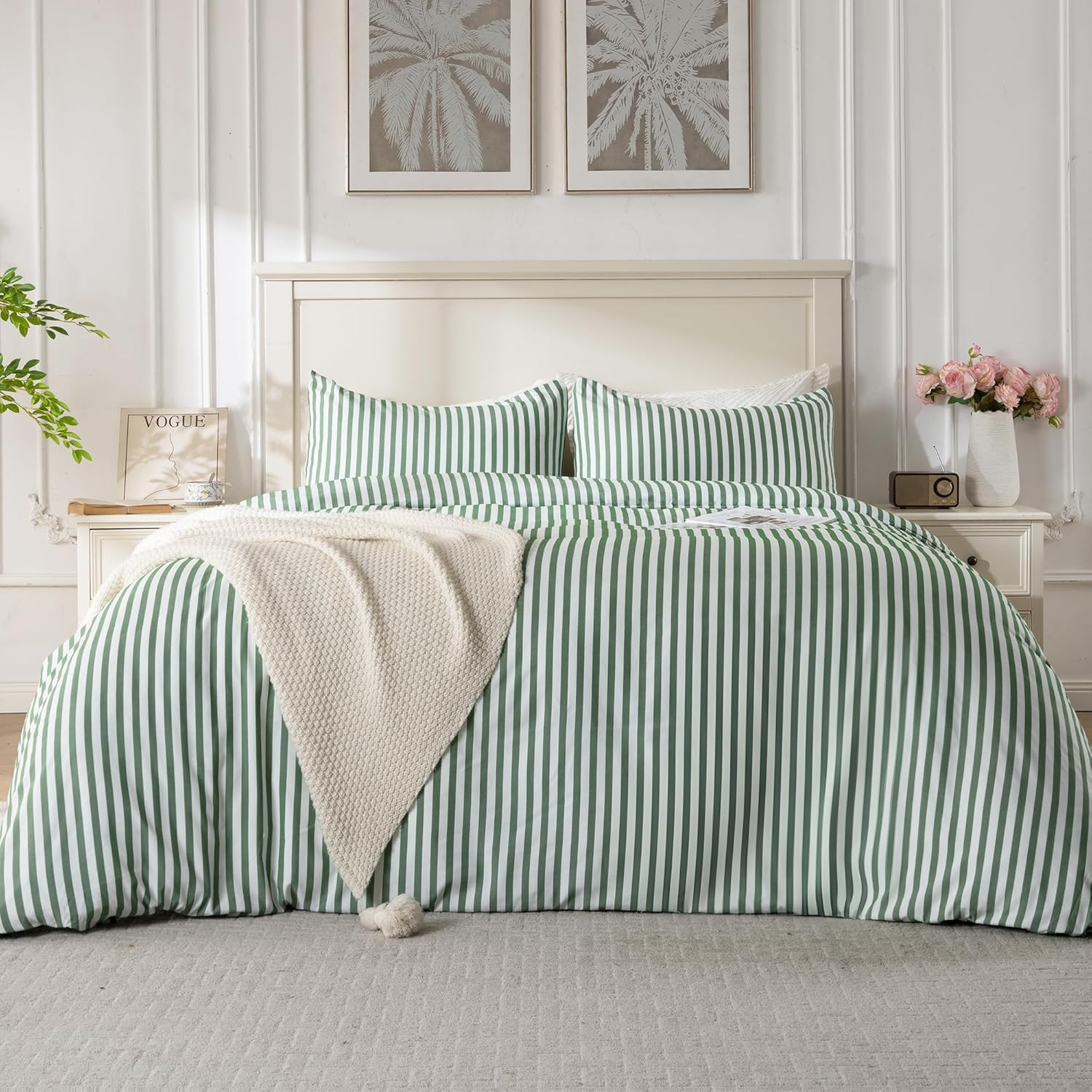 Soft Green Striped Queen Duvet Cover Set with Button Closure & Pillow Cases