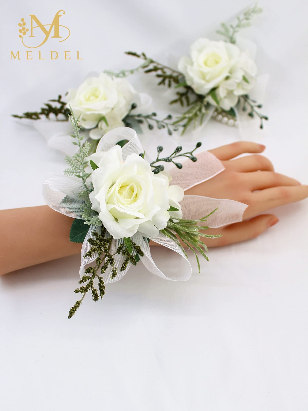 6 PCS Artificial White Rose Pearl Wrist Corsage Wedding Prom Party Bride