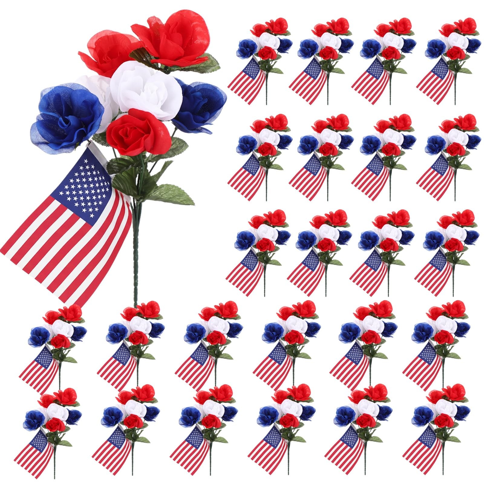 24 Bundles 4th of July Patriotic Artificial Flowers Bulk Red Blue and White F…