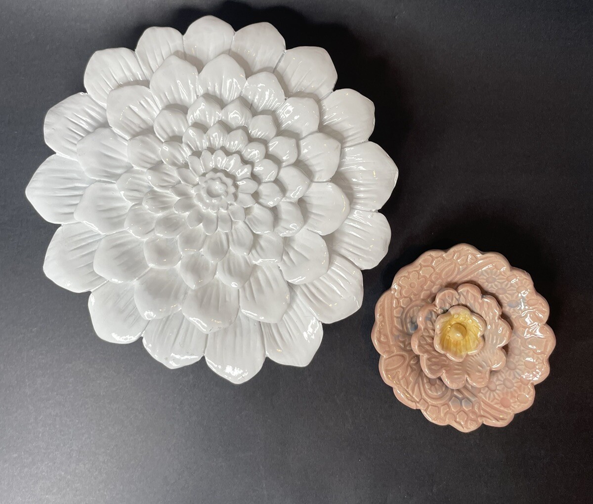 Ceramic Wall Art Flowers Rose 4.5” Peony Dusty Rose Pink Large White Mum 9”
