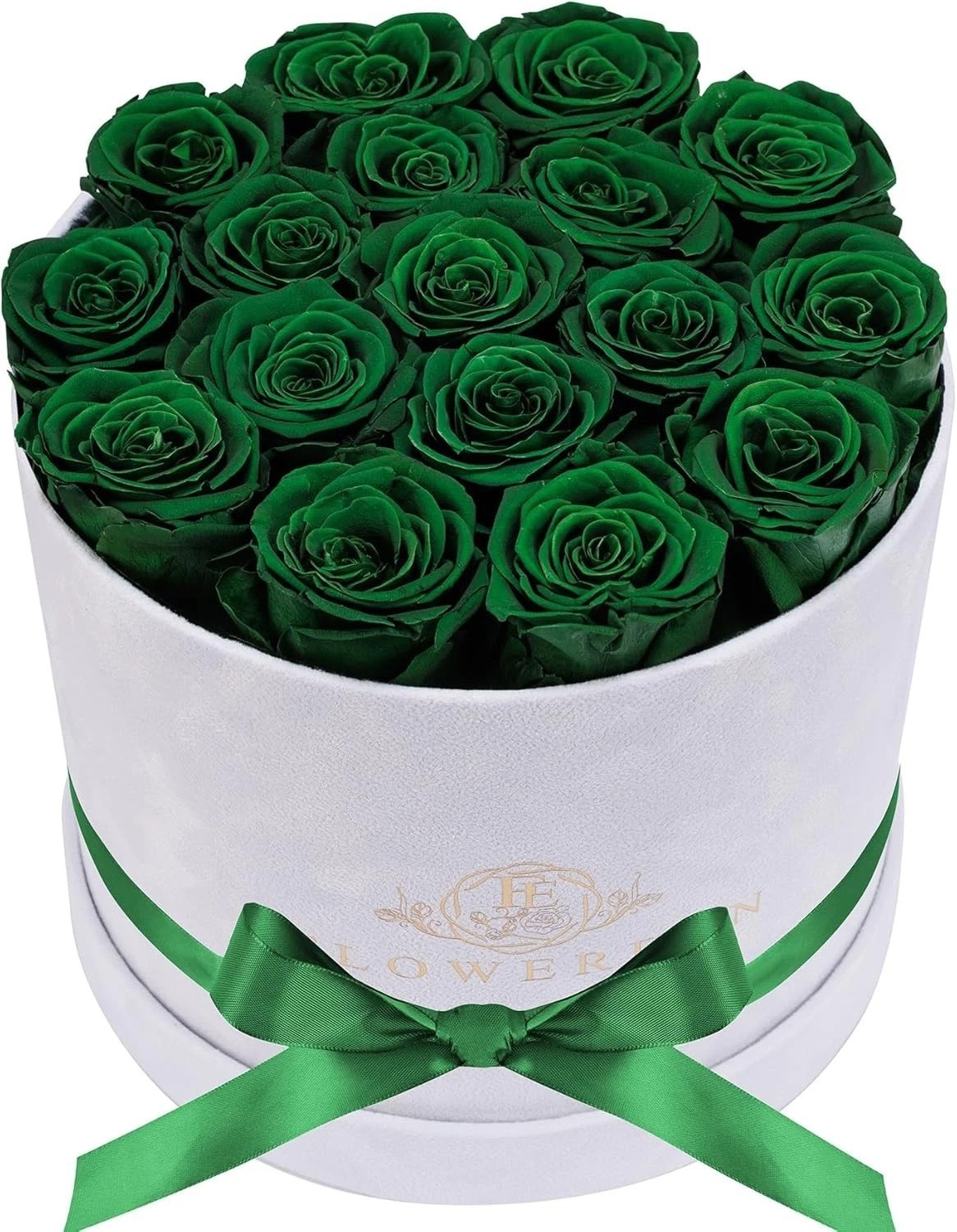 Handcrafted 17 Preserved Roses in Dark Green Suede Box – Effortless Elegance