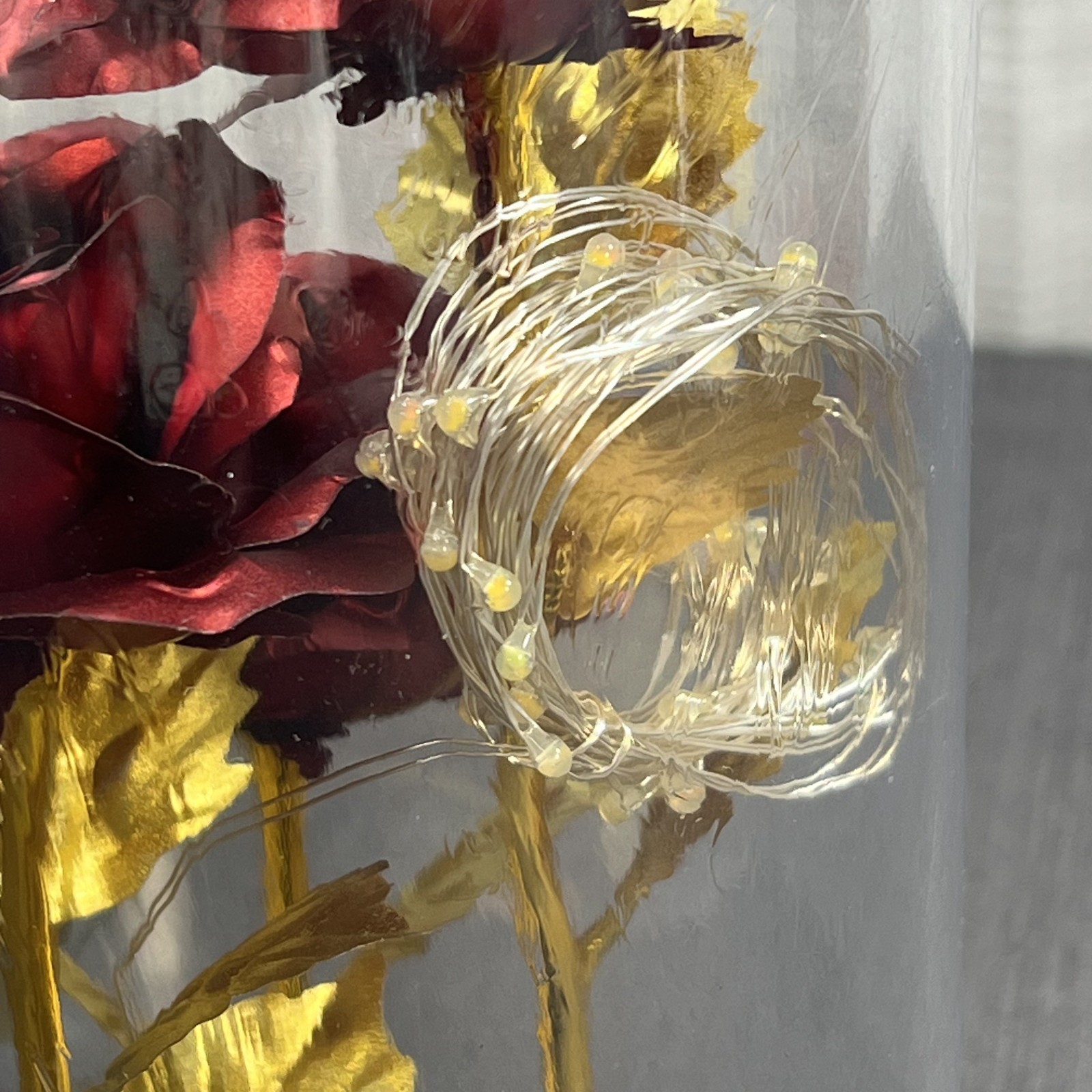Dream Of Flowers Forever Roses Foiled Led Light Strand in Glass Dome Wooden Base