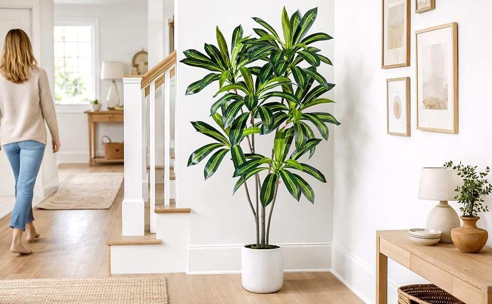Erimda Artificial Fiddle Leaf Fig Tree 7ft with White Planter Realistic Fiddle