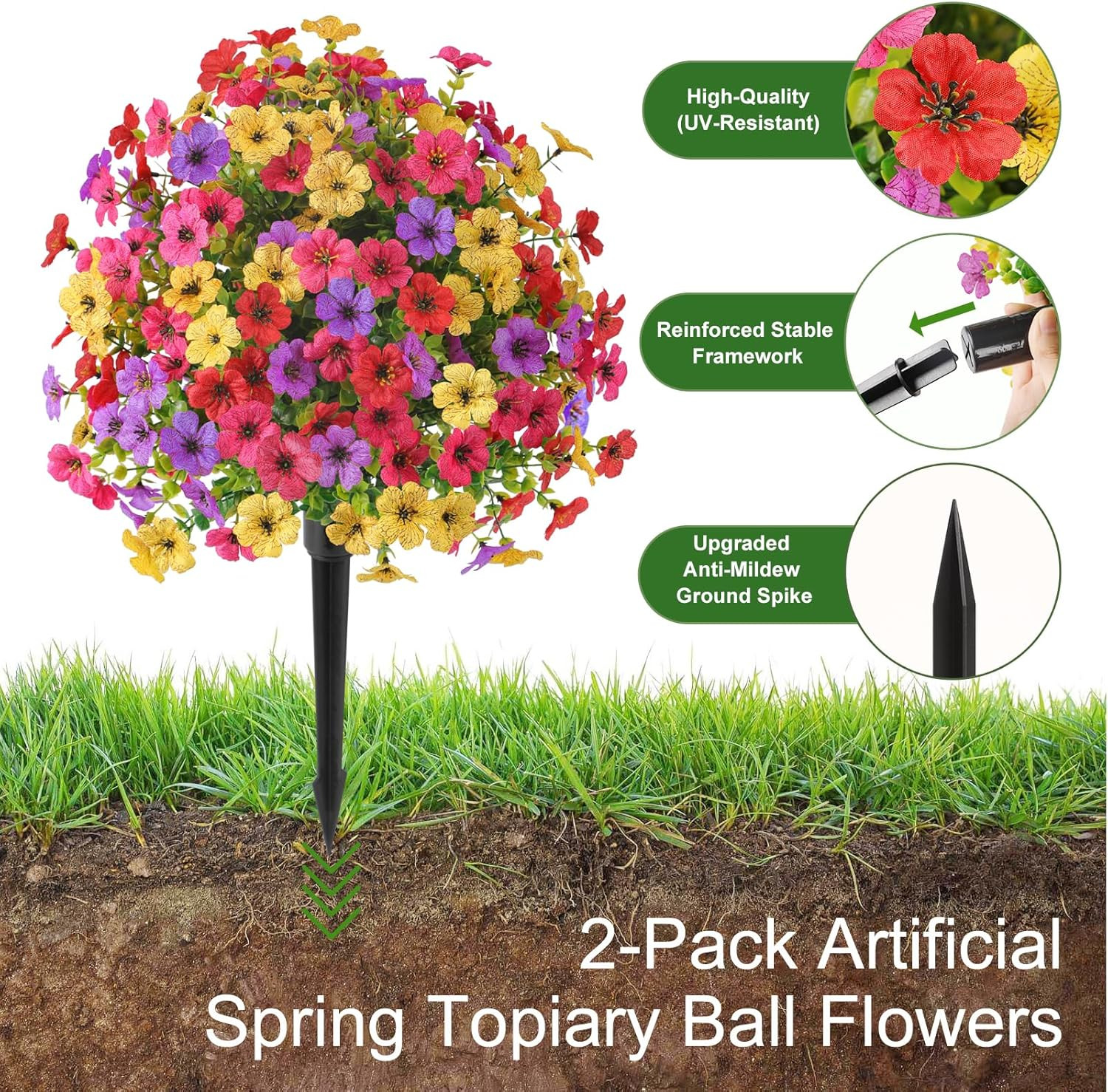 2Pcs 20″ Artificial Topiary Ball Flowers for Outdoors, Spring Decoration with Sp