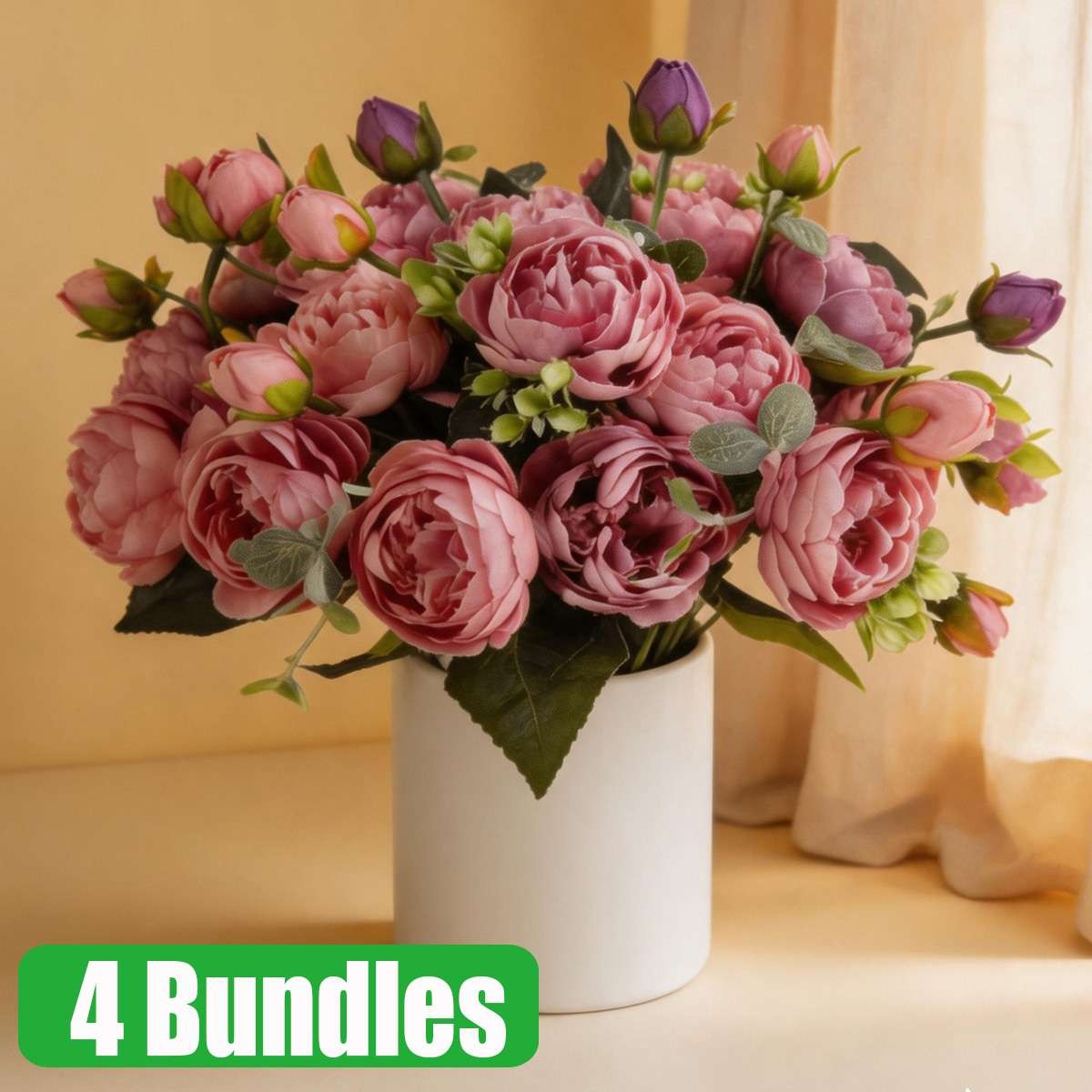 4 Bundles Peony Fake Artificial Flowers Large Bouquet Plants For Home Yard Decor