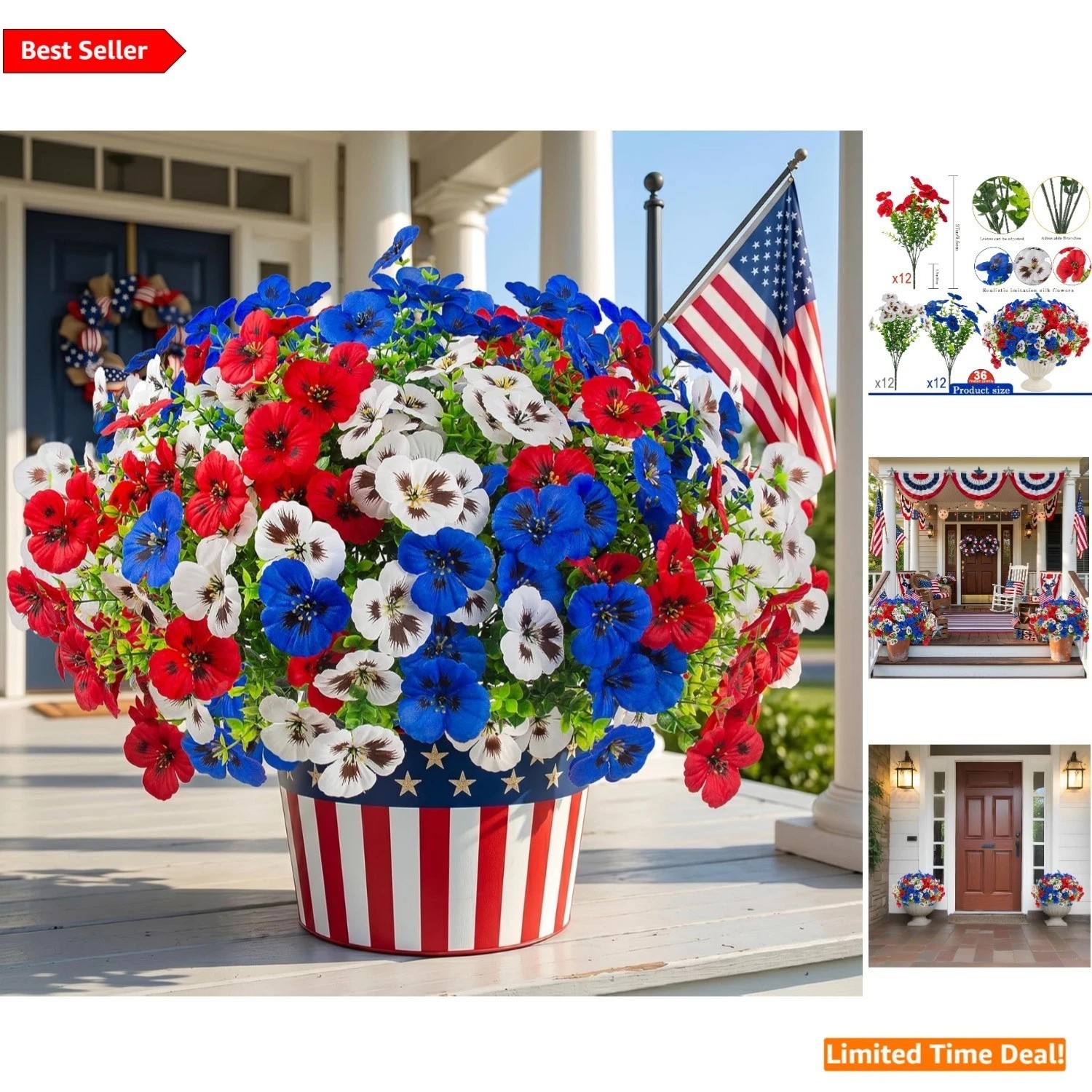 Vibrant 18 Pcs Artificial Pansy Flowers for Porch & Patio – Red, White, Blue