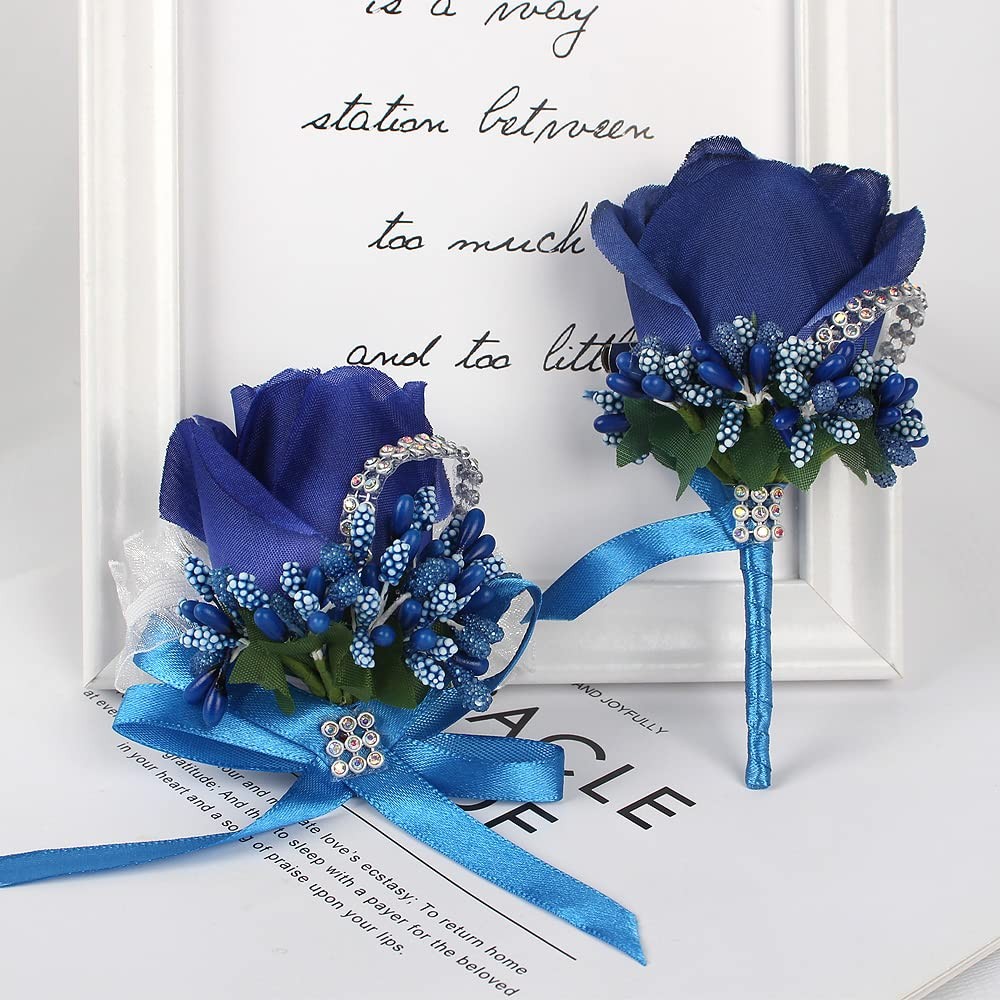 2 PCS Rose Wrist Corsage And Boutonniere Set Blue Wedding Prom Hand Flower