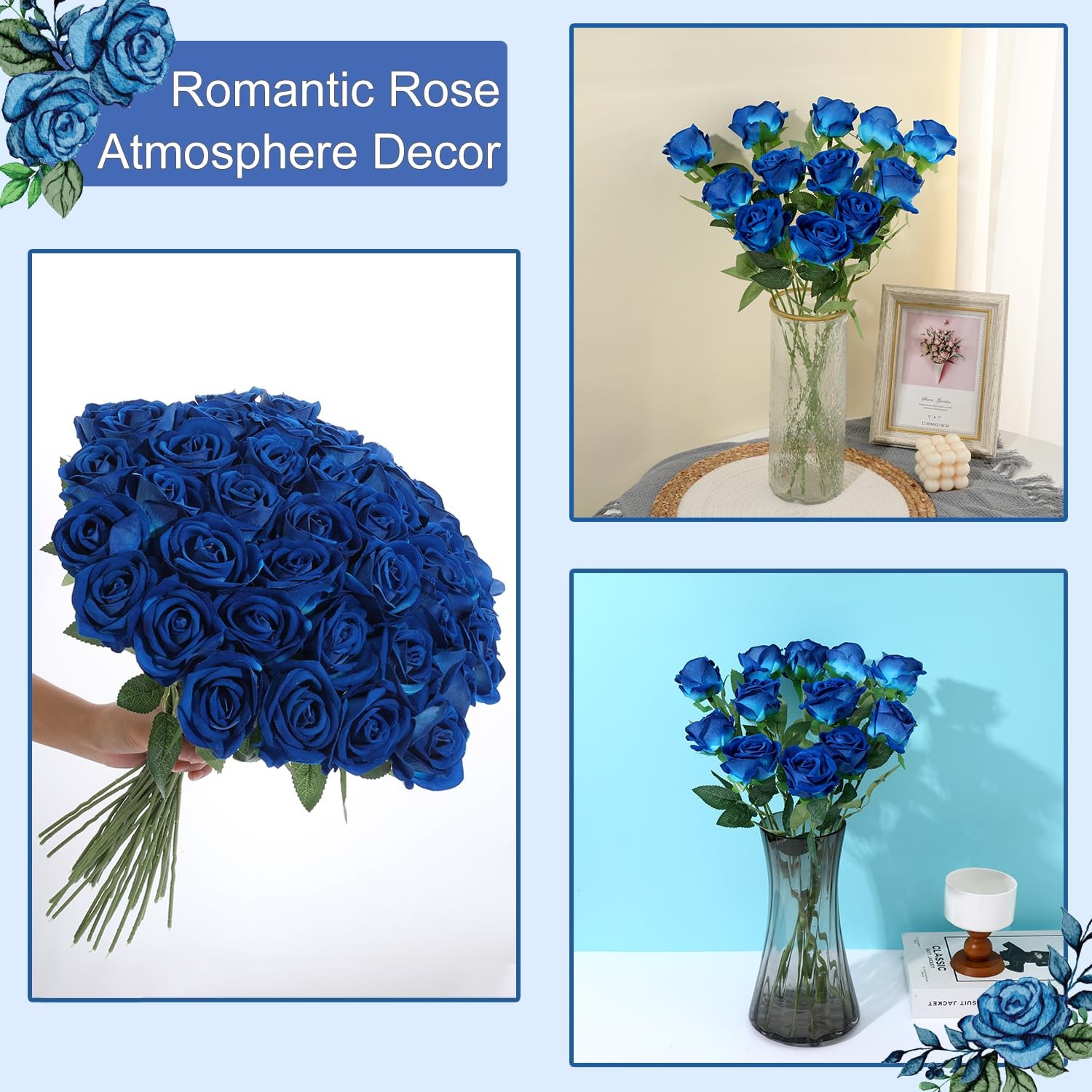 12 PCS Blue Roses Artificial Flowers Faux Velvet Silk Home Wedding Decor