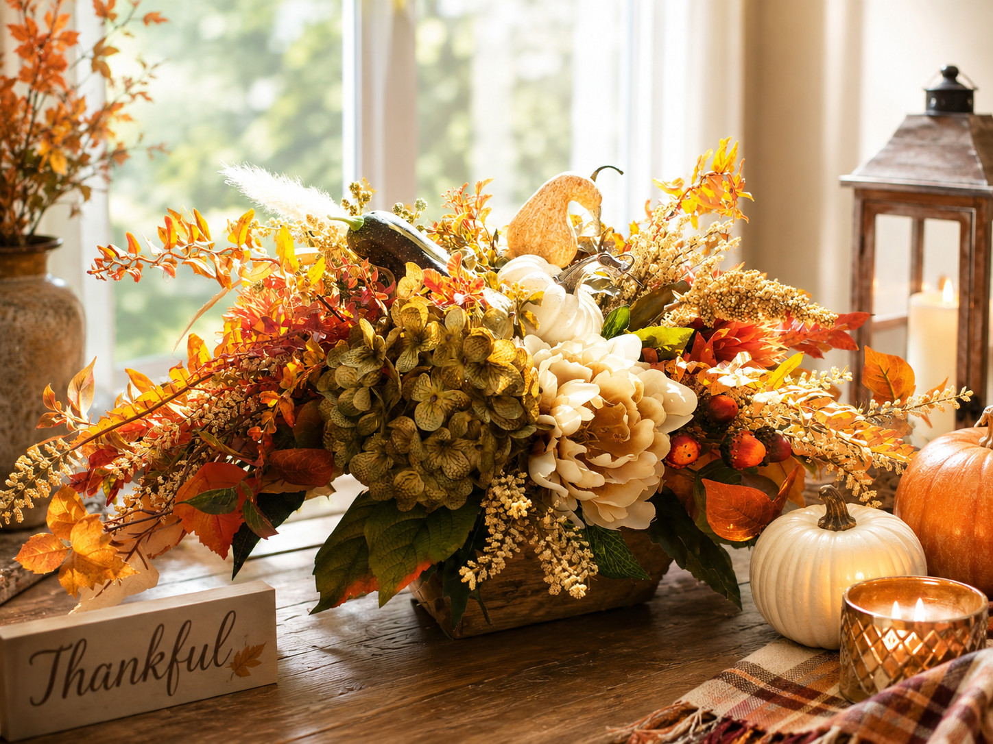 Fall Hydrangea Pumpkin Centerpiece, Rustic Autumn Table Arrangement, Neutral