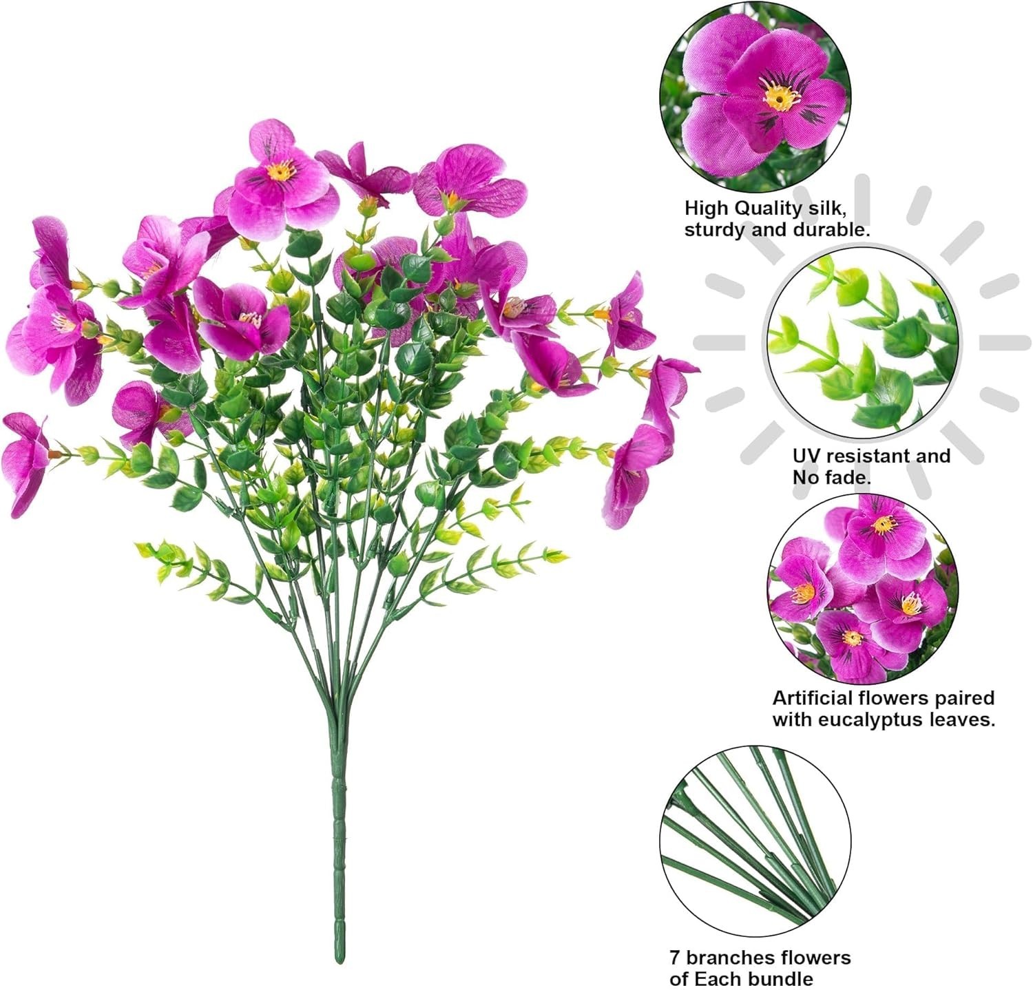 Artificial Pansy Flowers with Eucalyptus—Perfect for Gardens & Porches, 12 Count