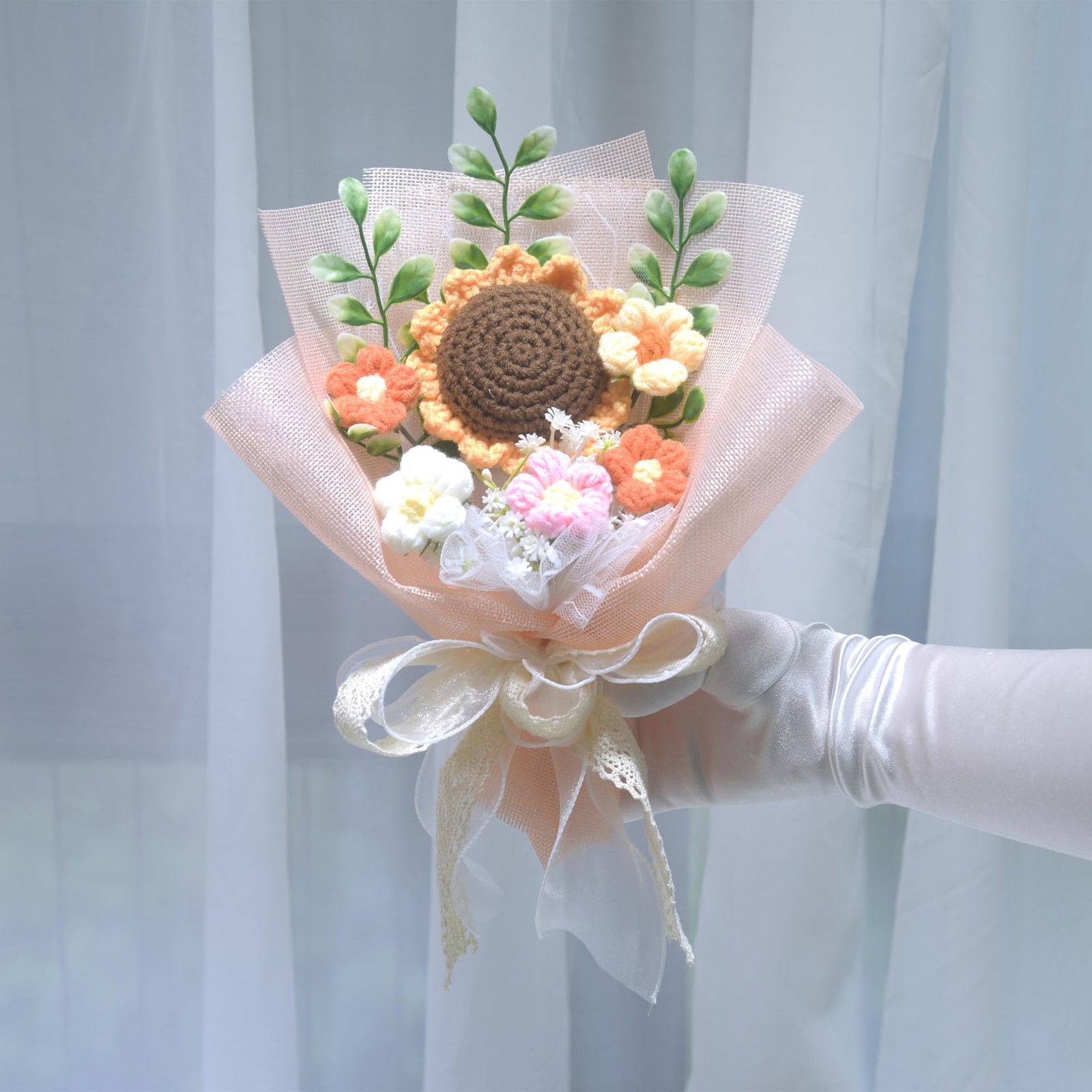Pink Crochet Flower Bouquet Knitted Sunflower Daisy Graduation Gifts 1 PCS