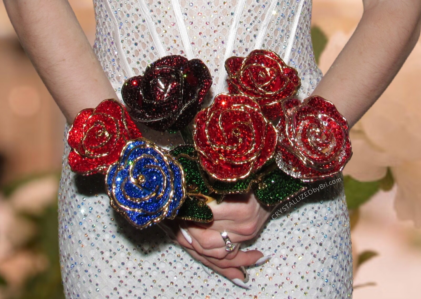 Bling Preserved Rose AUSTRIAN CRYSTAL Red Bedazzled Real Gold Trim Dipped Custom
