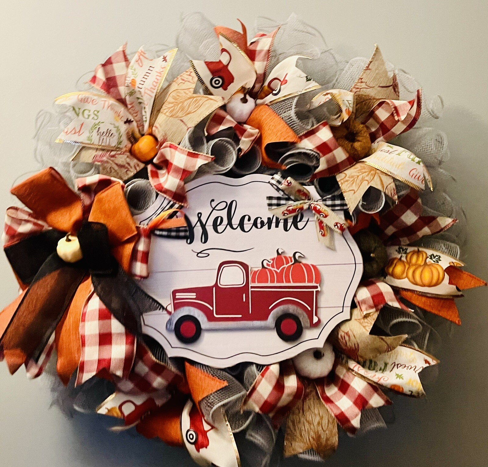 Fall Autumn All Occasion Red Truck Farmhouse Handmade Deco Mesh Door Wreath