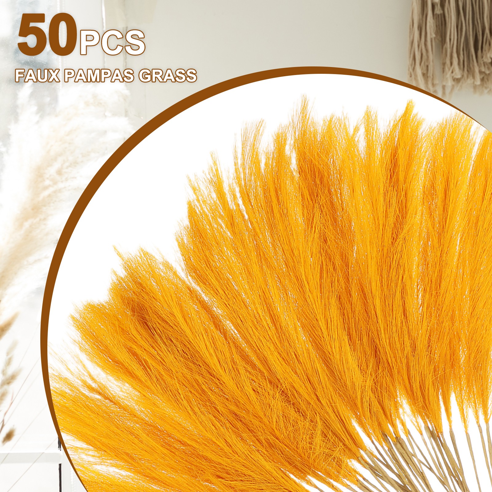 50 Pcs Faux Pampas Grass 52cm/20.5″ Dried Pampas Grass Decor, Gold Yellow