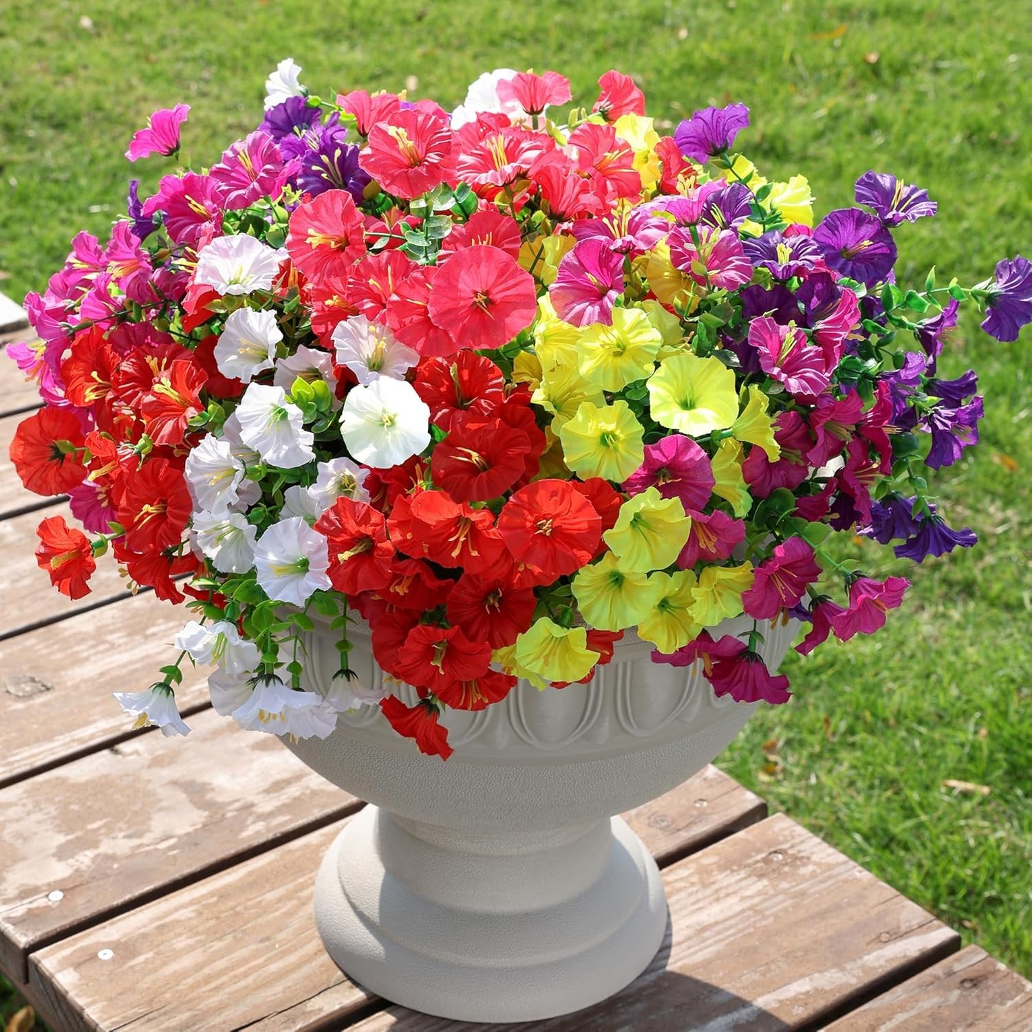 All-Season Artificial Outdoor Flowers – 12 Bundles of Morning Glory & Eucalyptus