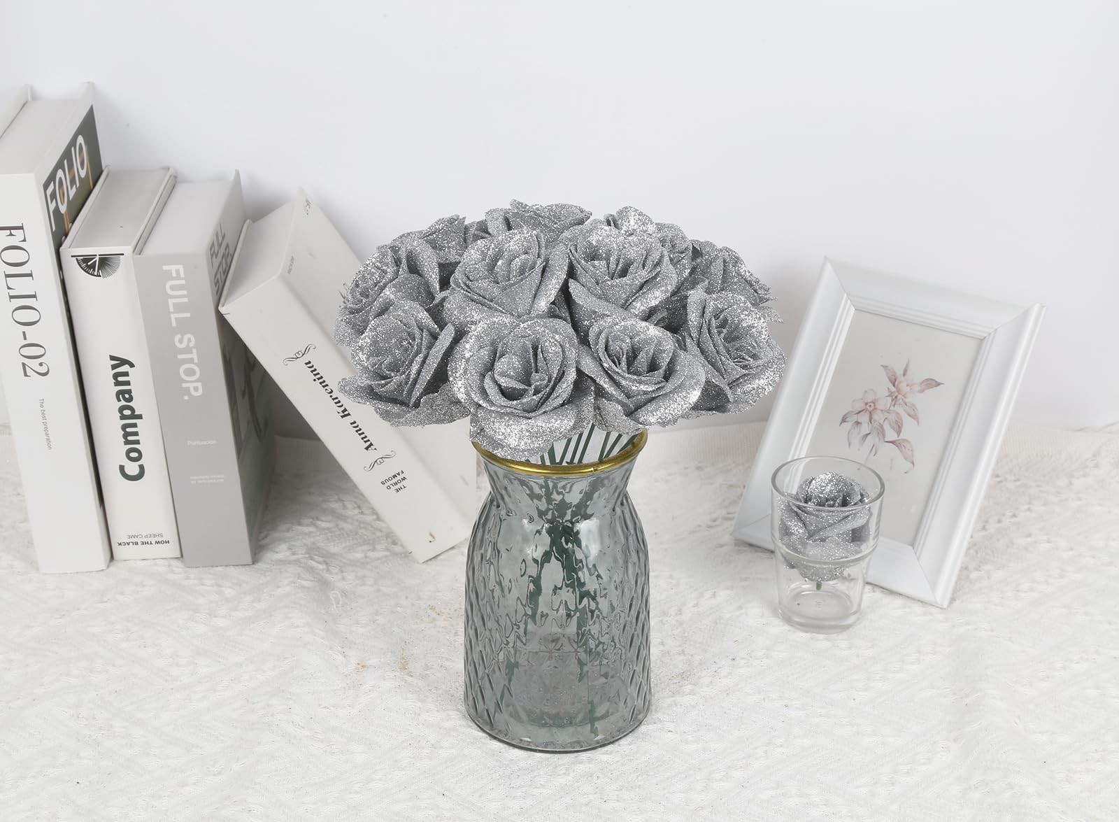 30 PCS Silver Artificial Roses Fake Glitter Silk Flowers for Wedding Decor