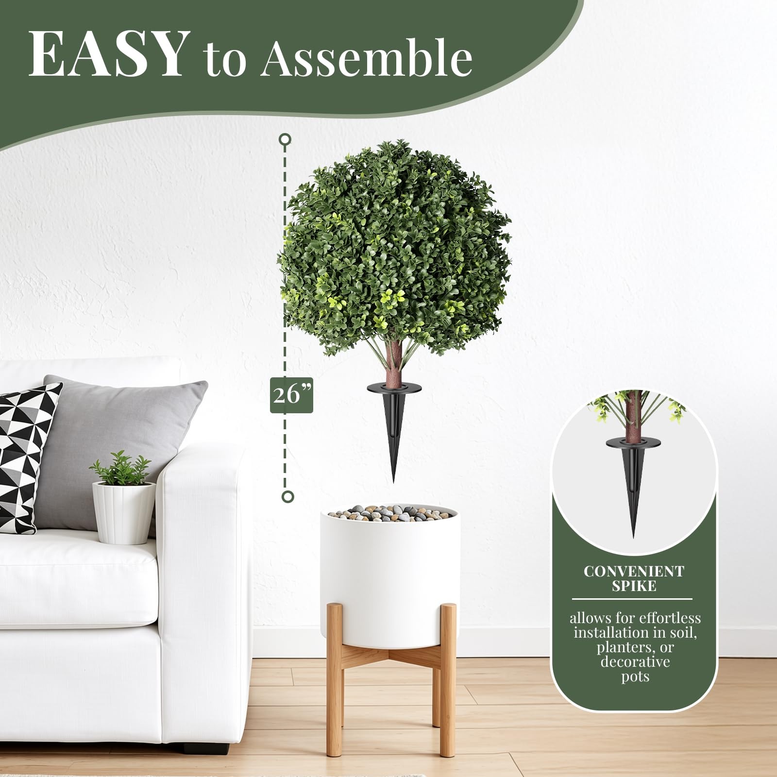 26″ Artificial Boxwood Topiary Tree with Ground Spikes, 2 Pack UV Resistant F…