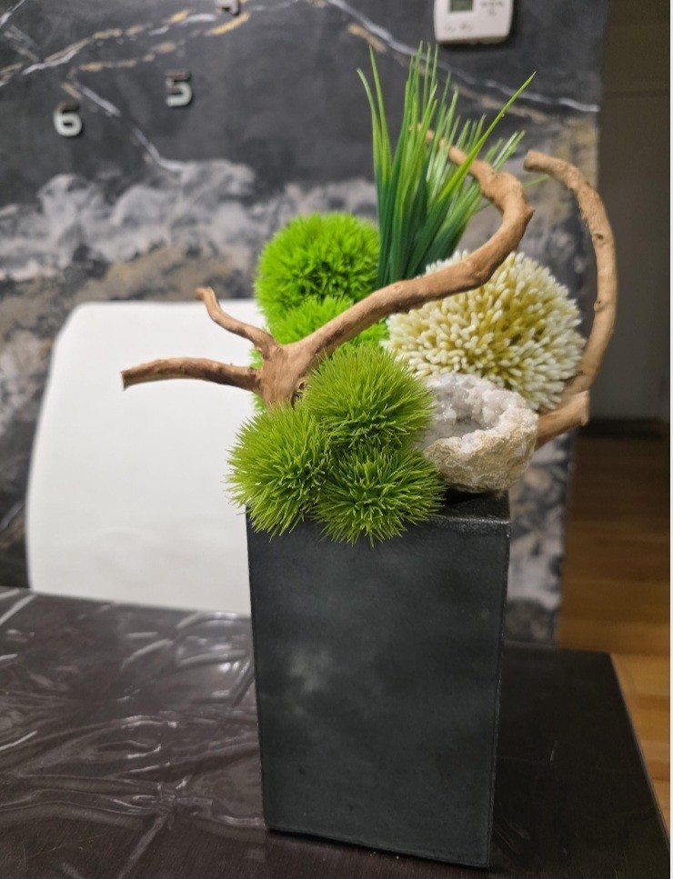 Zen Faux Floral Arrangement, Handmade Ikebana in Concrete Vase