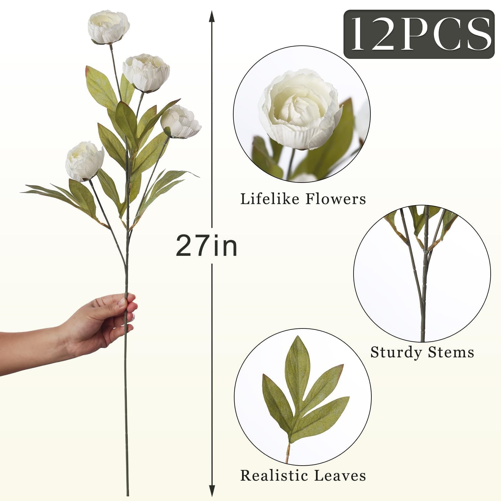 VIERENA 12 Pcs 27″ Faux Silk Peony Artificial Flowers Stems Vase(Cream)