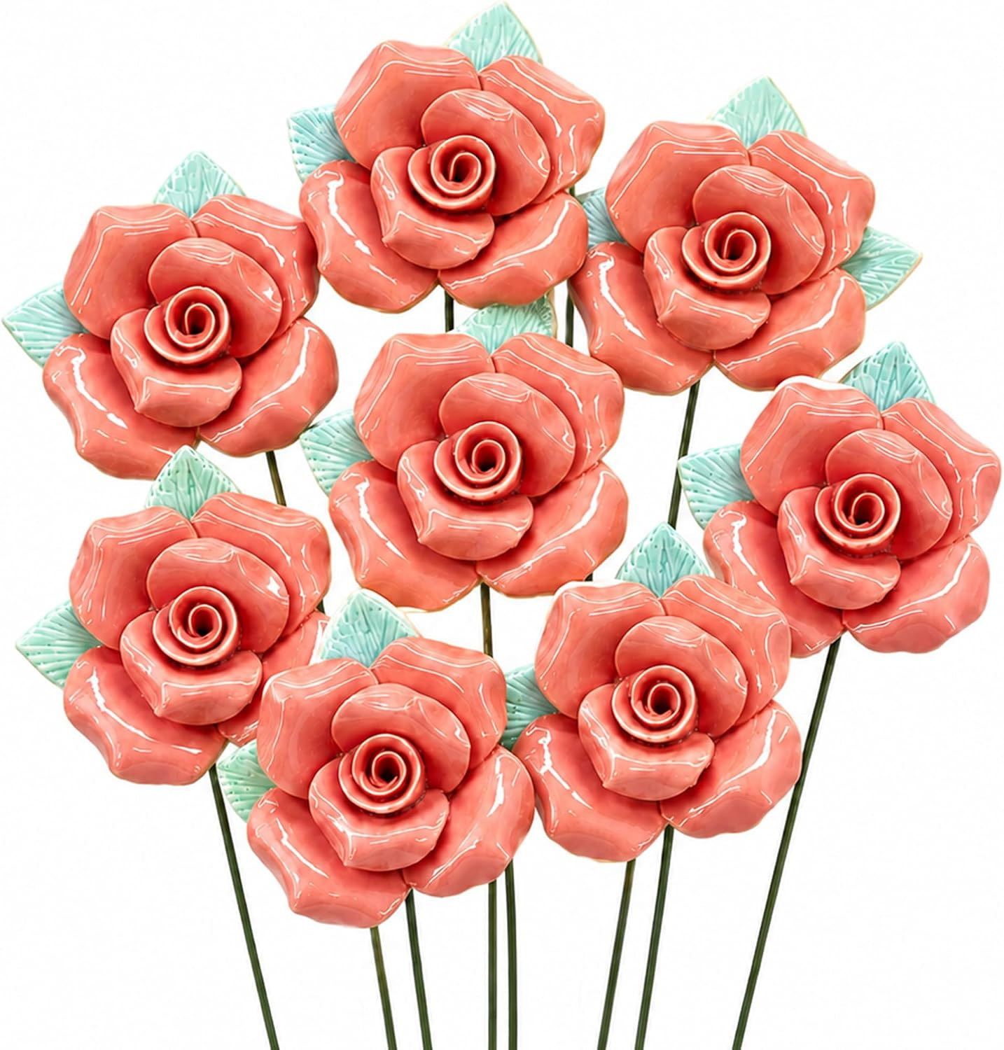 8 Pcs Red Ceramic Roses for Crafts with Detachable Stems and Glue, 2-In-1 3D Por