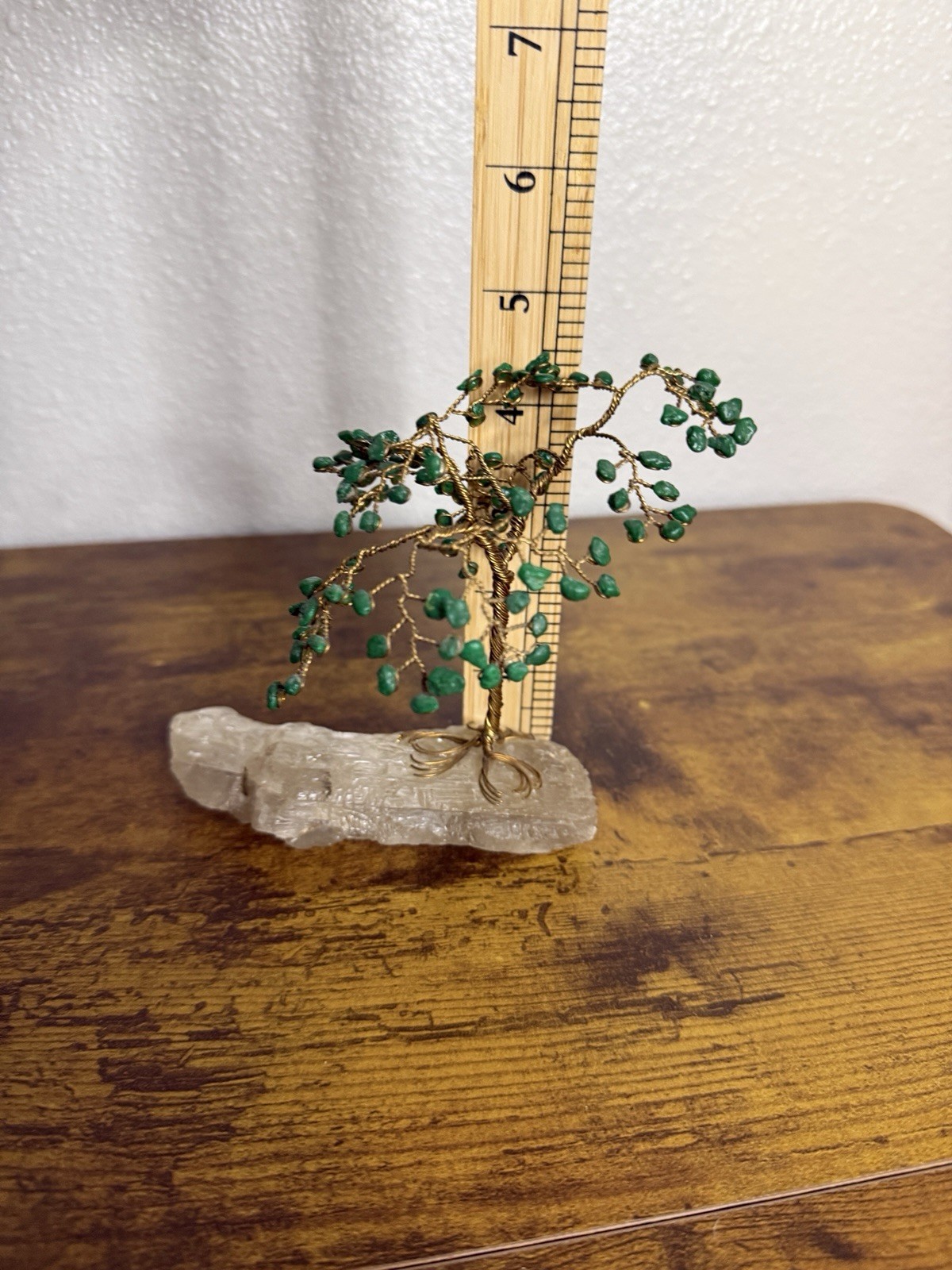 Small Vintage Bonsai Tree Cooper Stone Green Beads Flowers Leaves