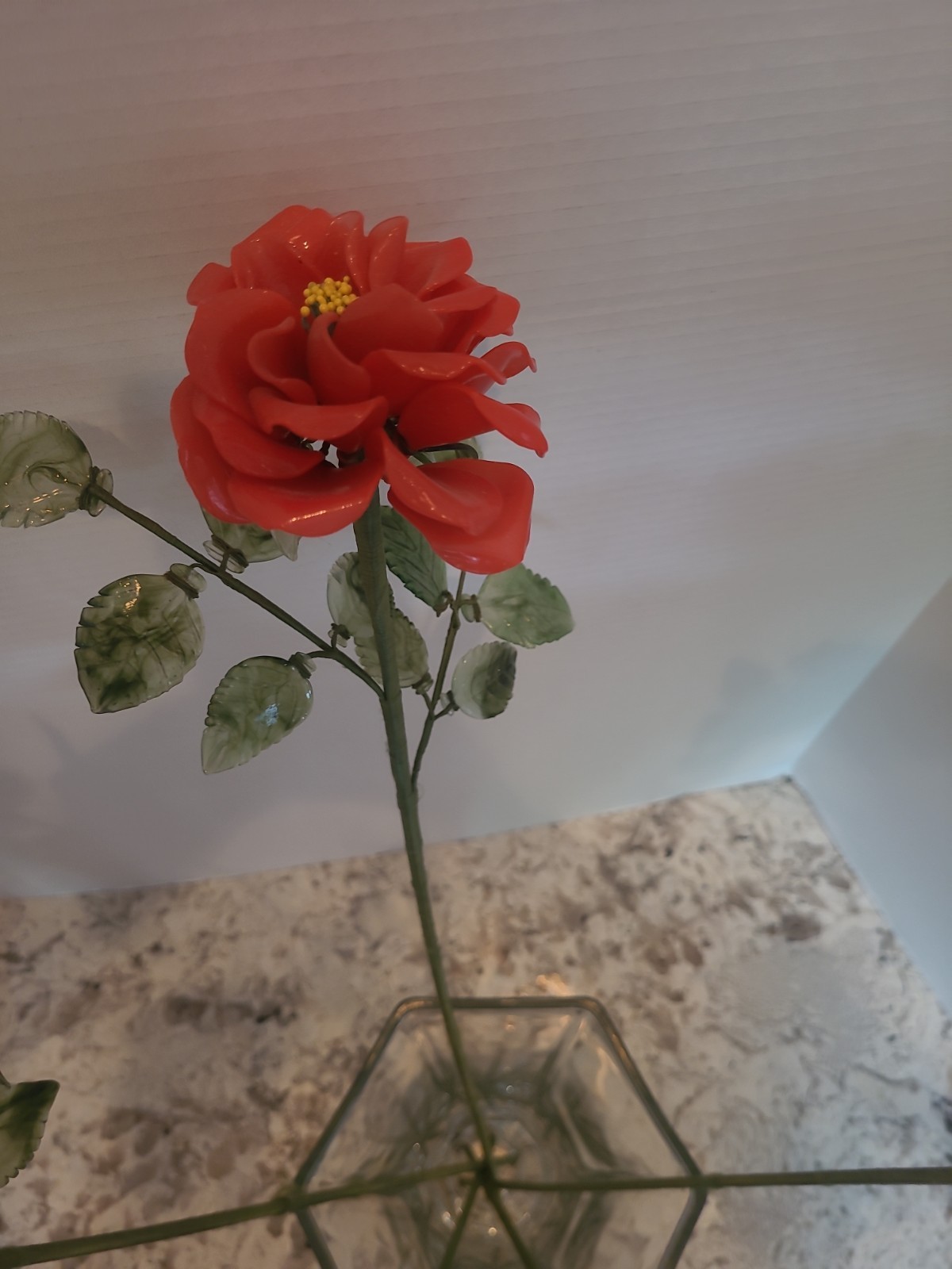 5 Vintage Porcelain Flowers With Plastic Stems Red Orange 25″ Long Stem