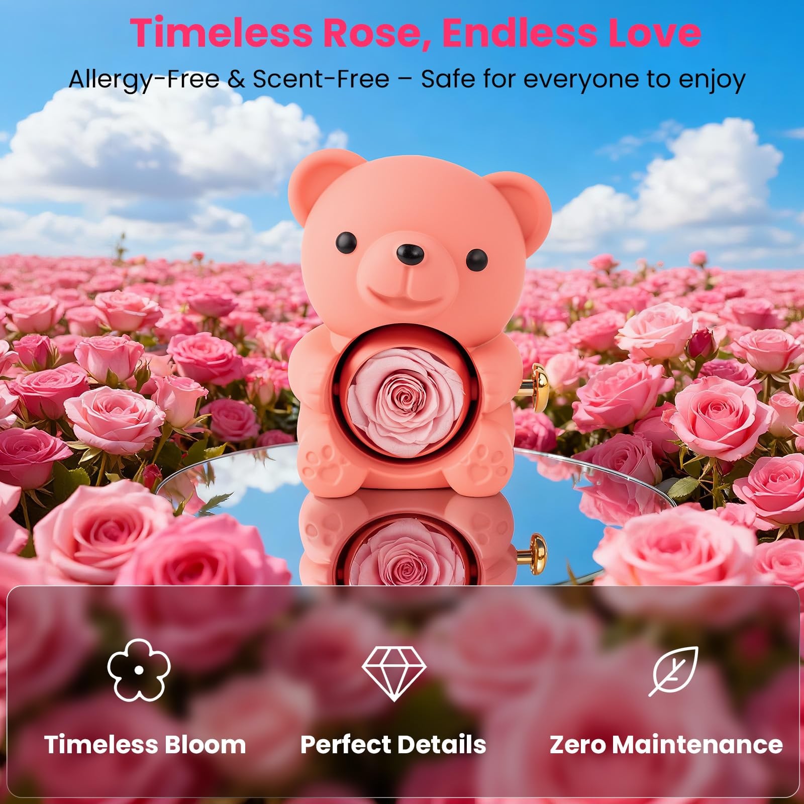 Teddy Bear with Preserved Rose Flower in Bear with Necklace and Box for Women…