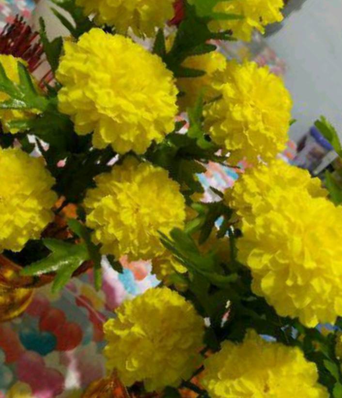 Pair Marigolds Flower Artifical Arrangement Gold Tray Decor Home Yellow Floral