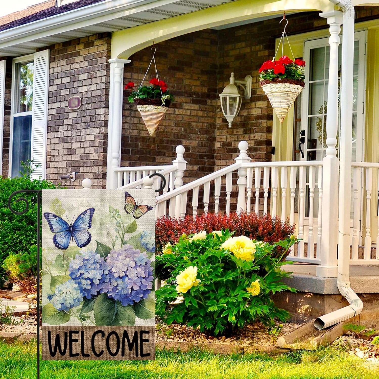 Welcome Hydrangea Floral Butterfly Decoration Double Sided Vertical Burlap Garde