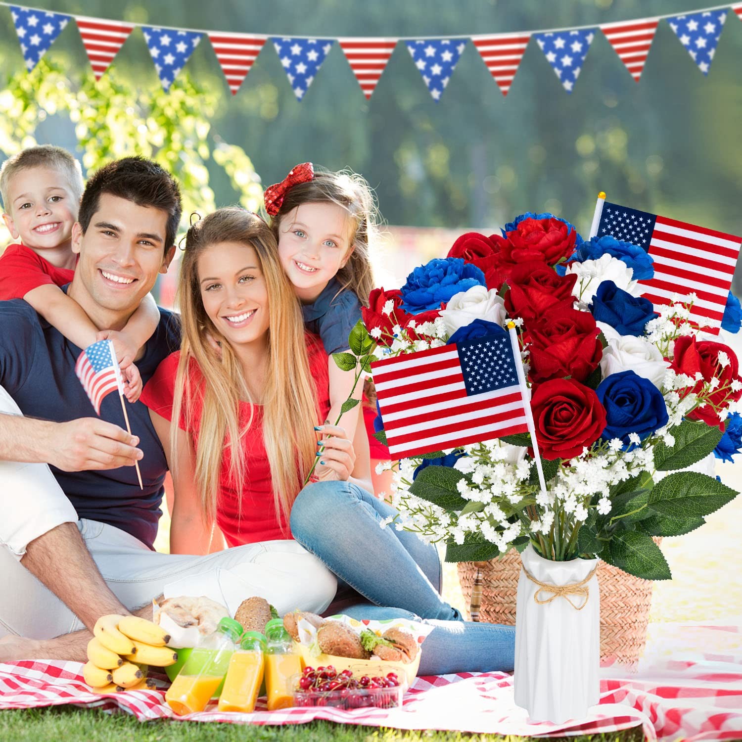 28 Pcs Red White and Blue Flowers, Patriotic Memorial Bouquet Atificial Flowe