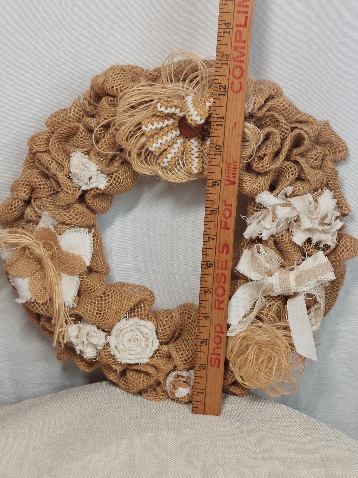 13″ Brown White Rose Flower Farmhouse Burlap Wreath Cottage Core Elegant Rustic