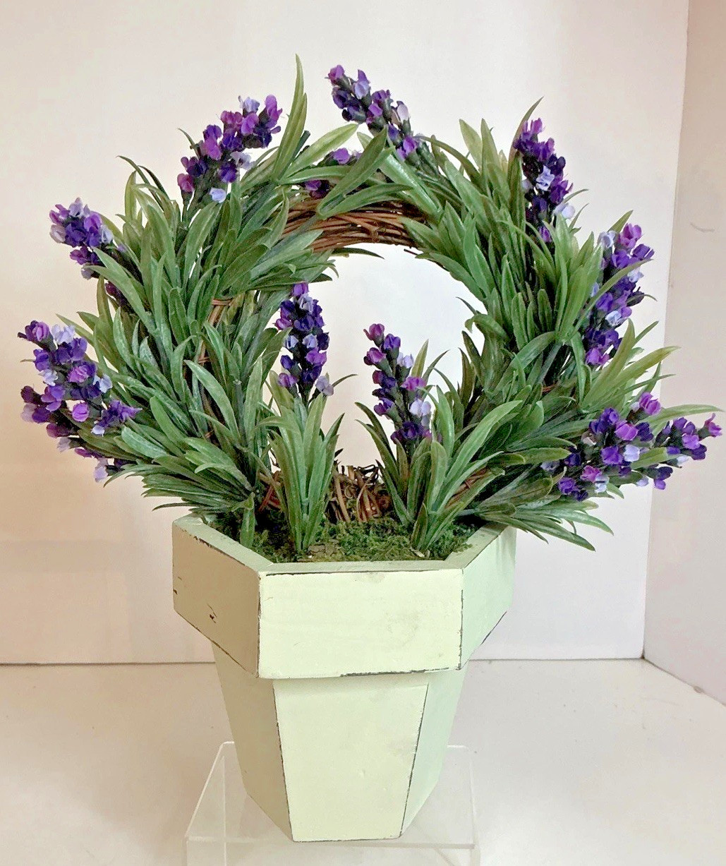 Artificial Lavender Topiary Plant 11×10 In White Wooden Pot Farmhouse Decor