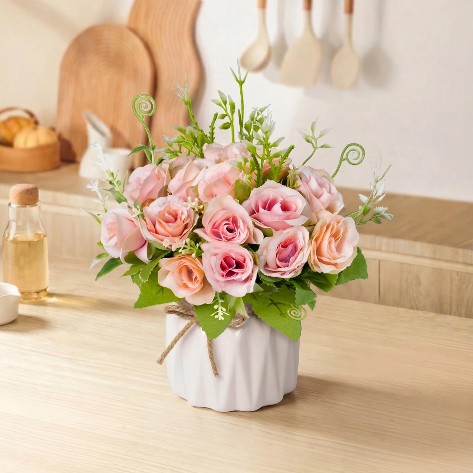 Fake Flowers with Vase,Pink Roses Artificial Flowers in Vase