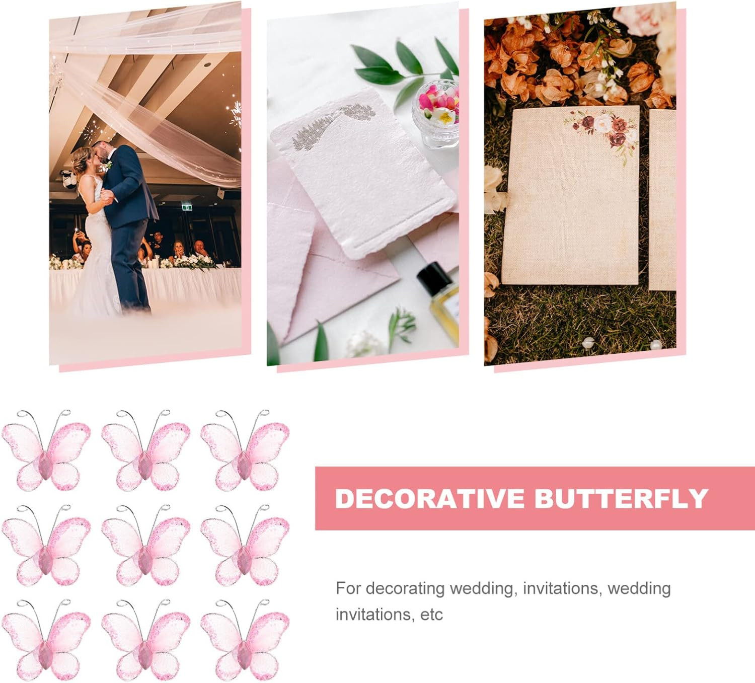 50Pcs Small Pink Butterflies Craft Pieces DIY Sheer Mesh Wire Glitter Butterfly