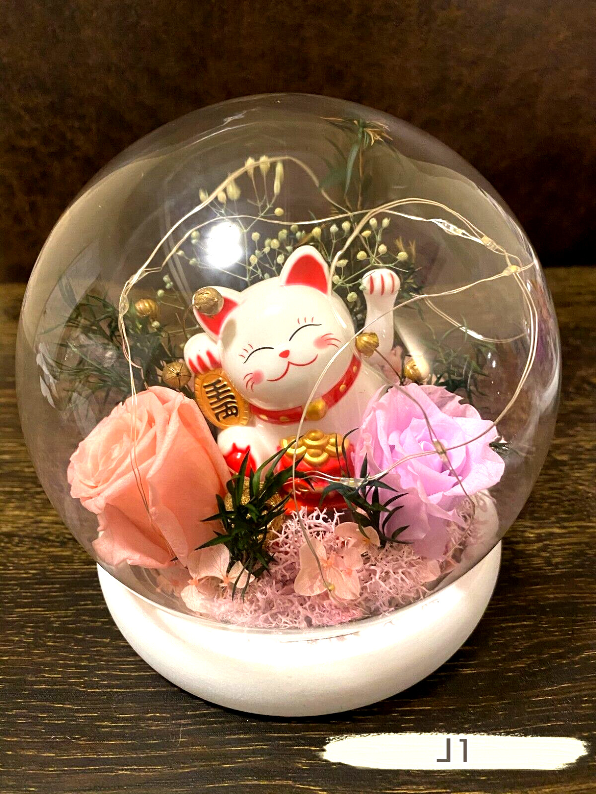 Eternal Rose Flower In Glass Dome LED Light with Japanese Lucky Cat GIFT