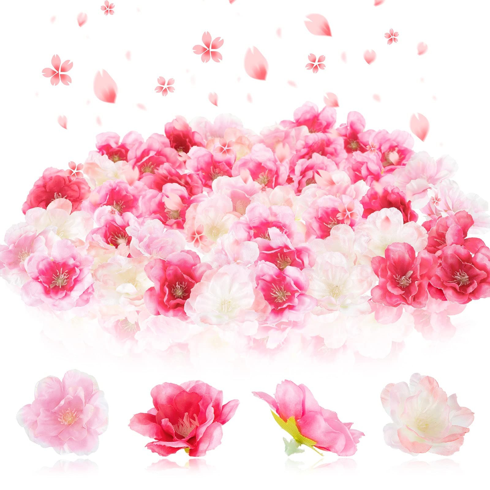 100 PCS Artificial Cherry Blossom Heads Bulk Faux Silk 1.5 Inch 4 Colors