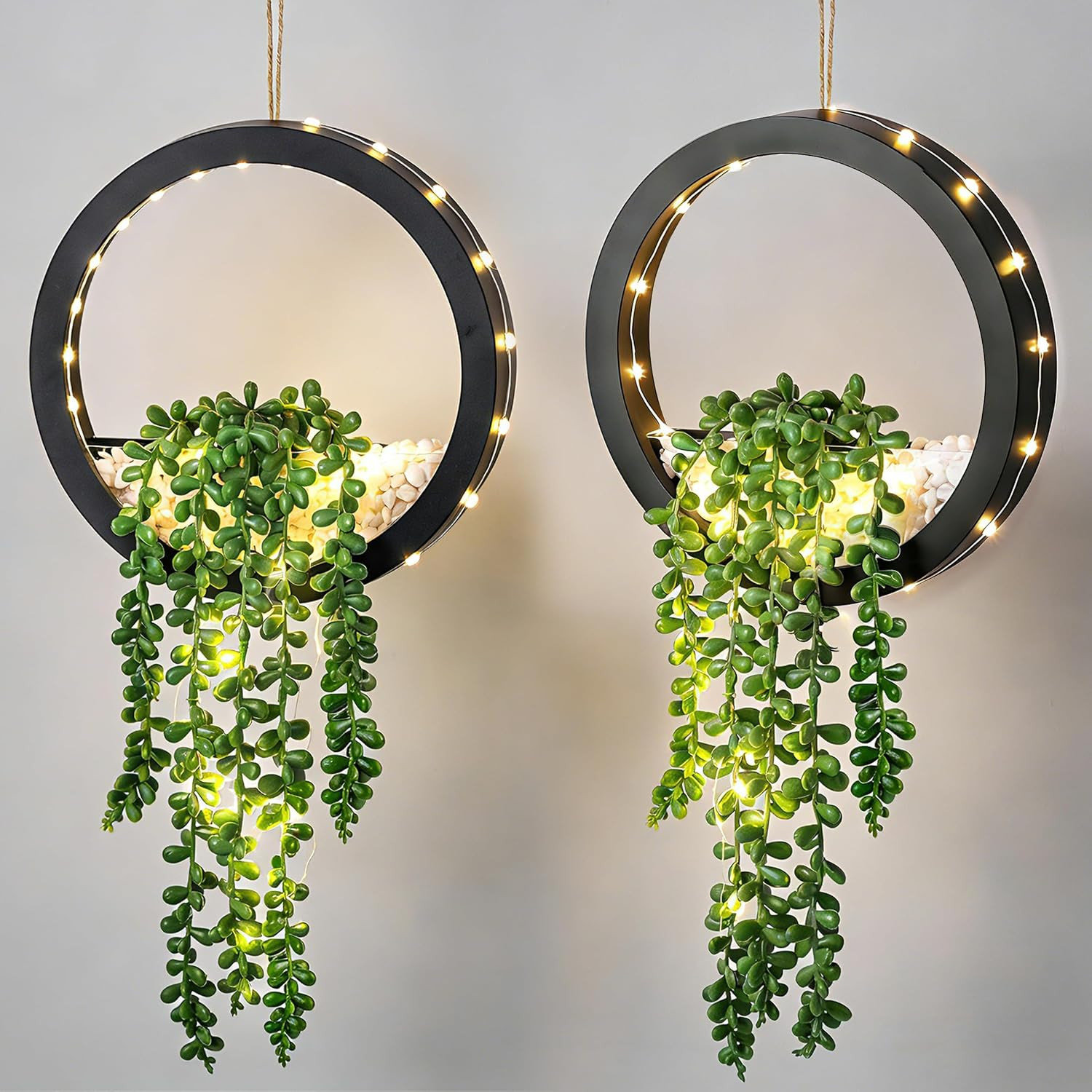 2 Pack Lighted Hanging Plants, Artificial String of Pearls Succulents with Warm