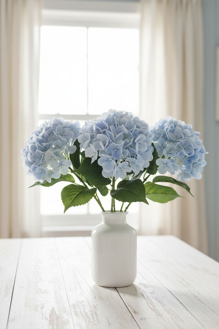 Soft Blue Artificial Hydrangea Stem Silk Flower Light Faux Floral Wedding Decor